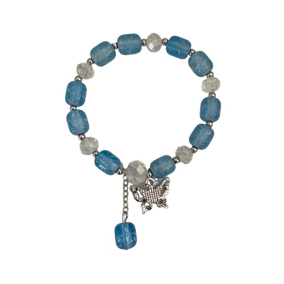 Blue and Clear Beaded Stretch Small Bracelet with Butterfly Charm - Picture 8 of 17